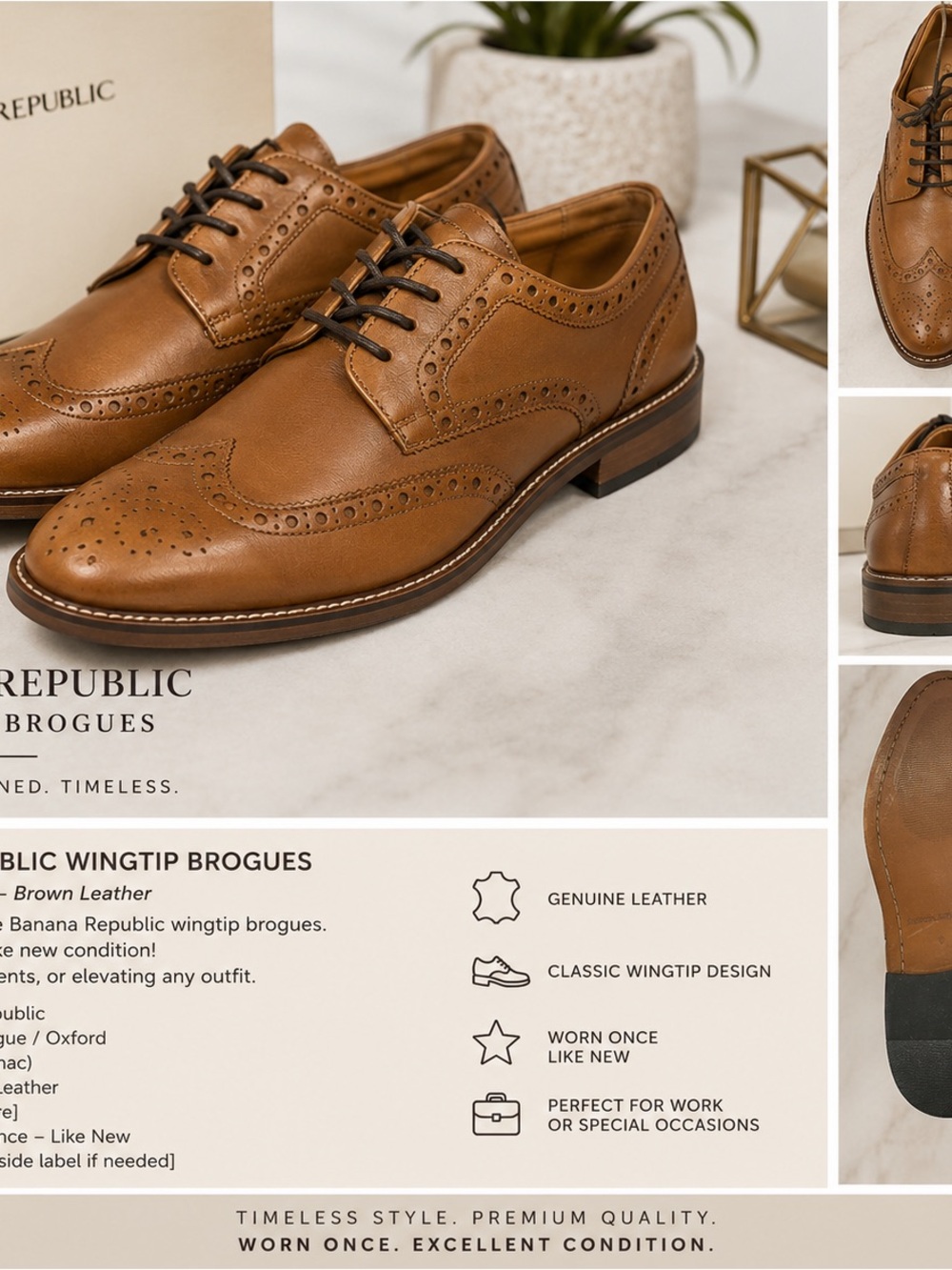 Banana Republic Tan Leather Wingtip Oxfords